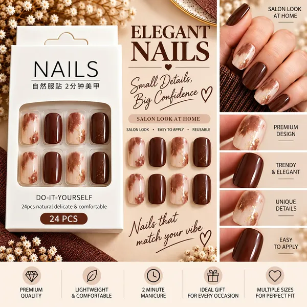 24_Pcs_Brown_Marble_Press_On_Nails_For_Women_Nude_Coffee_Brown_Marble_Design_With_Gold_Foil_Accents_Elegant_Glossy_Artificial_Nails_For_Diy_Manicure