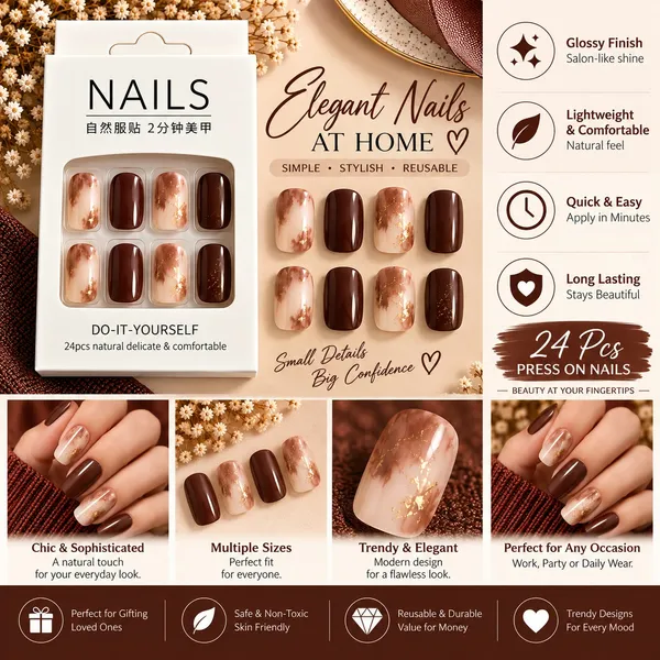 24_Pcs_Brown_Marble_Press_On_Nails_For_Women_Nude_Coffee_Brown_Marble_Design_With_Gold_Foil_Accents_Elegant_Glossy_Artificial_Nails_For_Diy_Manicure