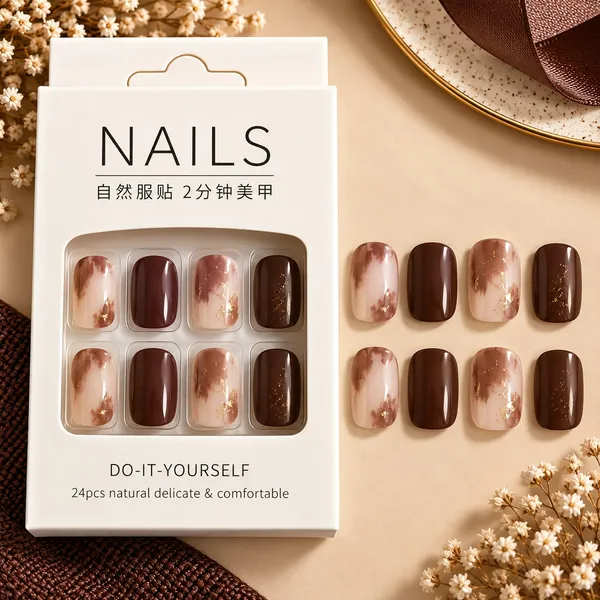 24_Pcs_Brown_Marble_Press_On_Nails_For_Women_Nude_Coffee_Brown_Marble_Design_With_Gold_Foil_Accents_Elegant_Glossy_Artificial_Nails_For_Diy_Manicure