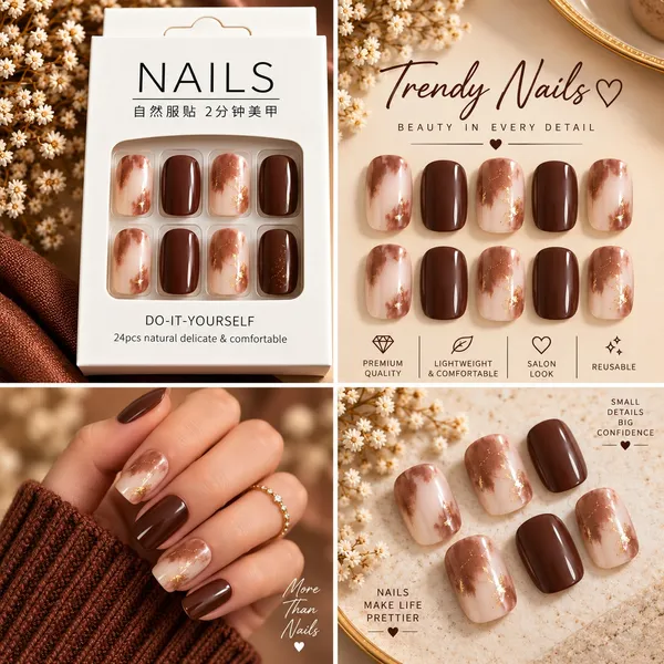 24_Pcs_Brown_Marble_Press_On_Nails_For_Women_Nude_Coffee_Brown_Marble_Design_With_Gold_Foil_Accents_Elegant_Glossy_Artificial_Nails_For_Diy_Manicure
