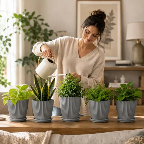 Ribbed_Plastic_Planter_With_Drainage_Tray
