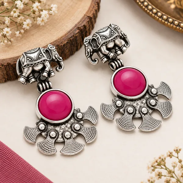 Silver_Tone_Elephant_Pink_Stone_Drop_Earrings_for_Women