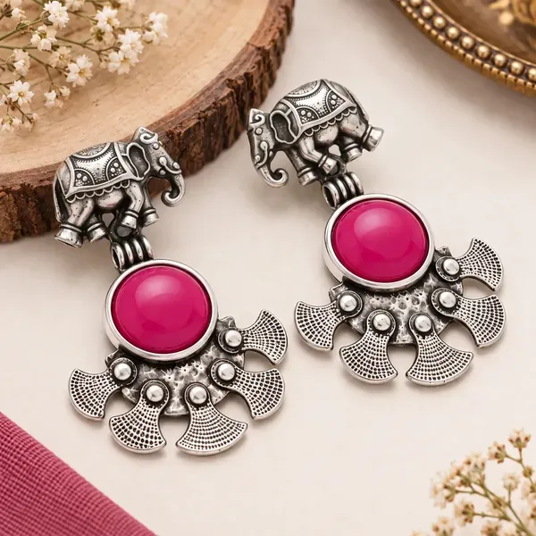 Silver_Tone_Elephant_Pink_Stone_Drop_Earrings_for_Women