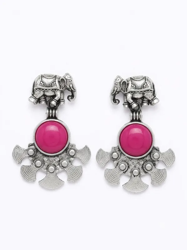Silver_Tone_Elephant_Pink_Stone_Drop_Earrings_for_Women