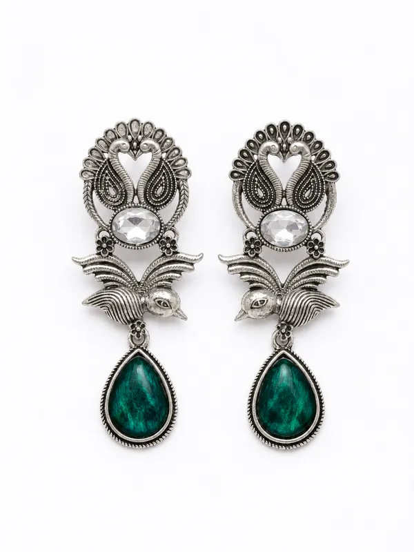 Silver_Tone_Peacock_Green_Stone_Drop_Earrings_for_Women