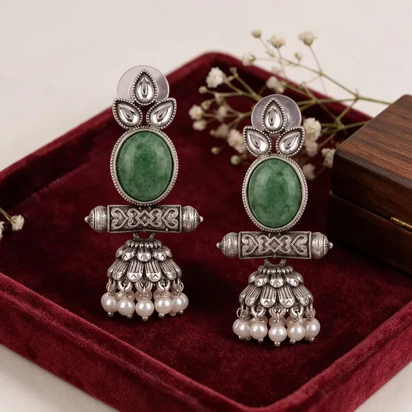 Silver-Toned_Oxidised_Green_Stone_Jhumka_Earrings_for_Women