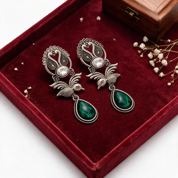 Silver_Tone_Peacock_Green_Stone_Drop_Earrings_for_Women
