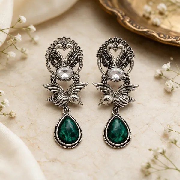 Silver_Tone_Peacock_Green_Stone_Drop_Earrings_for_Women