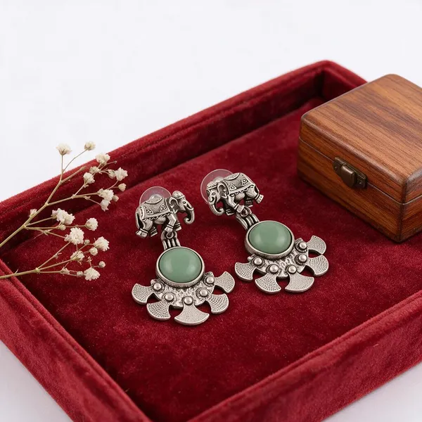 Silver_Tone_Elephant_Green_Stone_Dangle_Earrings_for_Women
