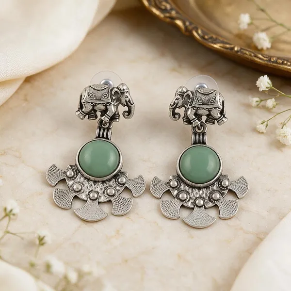 Silver_Tone_Elephant_Green_Stone_Dangle_Earrings_for_Women