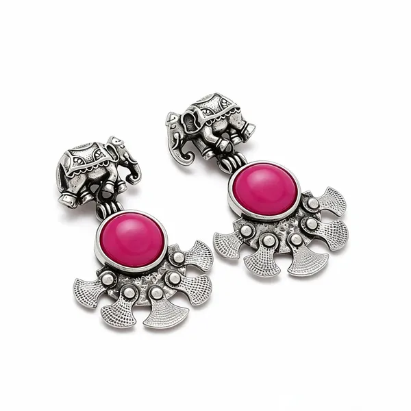 Silver_Tone_Elephant_Pink_Stone_Drop_Earrings_for_Women