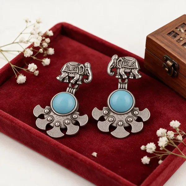 Silver_Tone_Elephant_Turquoise_Drop_Earrings_for_Women