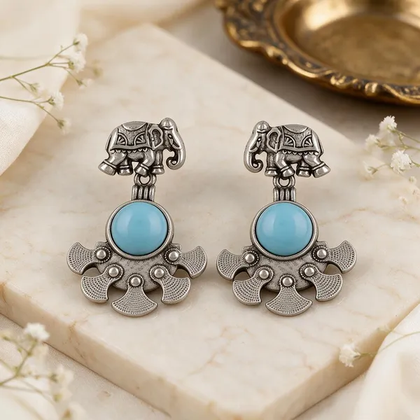 Silver_Tone_Elephant_Turquoise_Drop_Earrings_for_Women