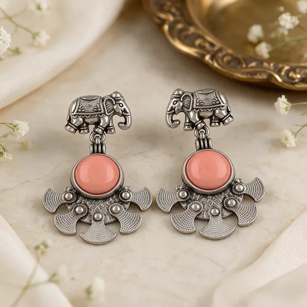 Silver_Tone_Elephant_Pink_Stone_Drop_Earrings