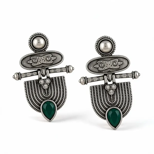 Silver_Tone_Oxidised_Green_Stone_Drop_Earrings