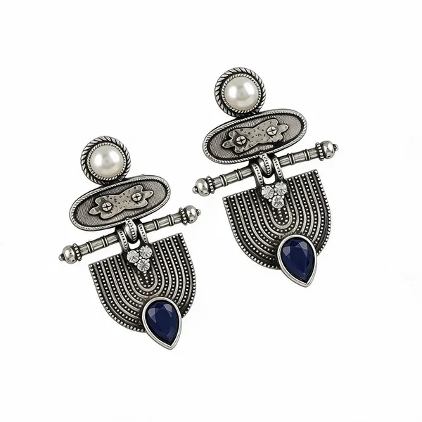 Oxidised_Silver_Tone_Blue_Stone_Pearl_Drop_Earrings