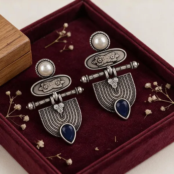 Oxidised_Silver_Tone_Blue_Stone_Pearl_Drop_Earrings