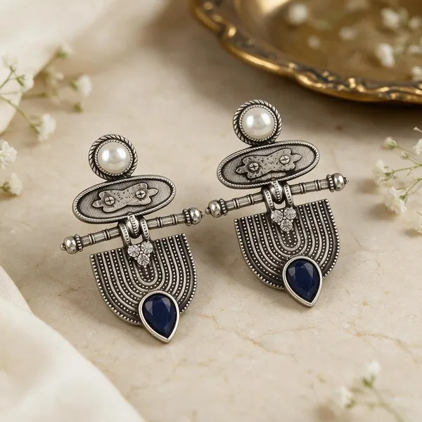 Oxidised_Silver_Tone_Blue_Stone_Pearl_Drop_Earrings