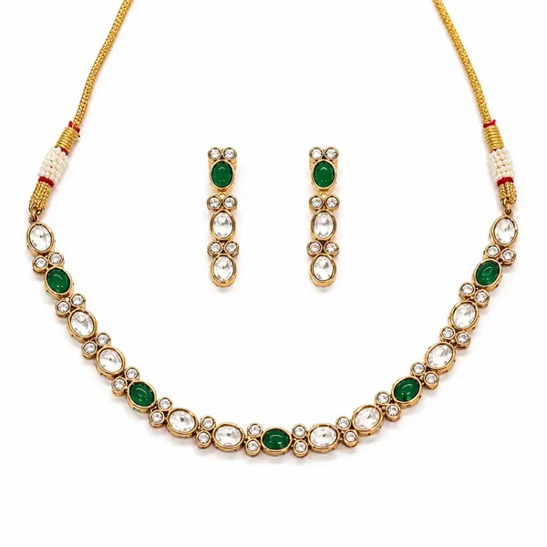 Gold_Tone_Green_Stone_Necklace_And_Earrings_Set