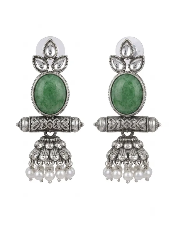 Silver-Toned_Oxidised_Green_Stone_Jhumka_Earrings_for_Women