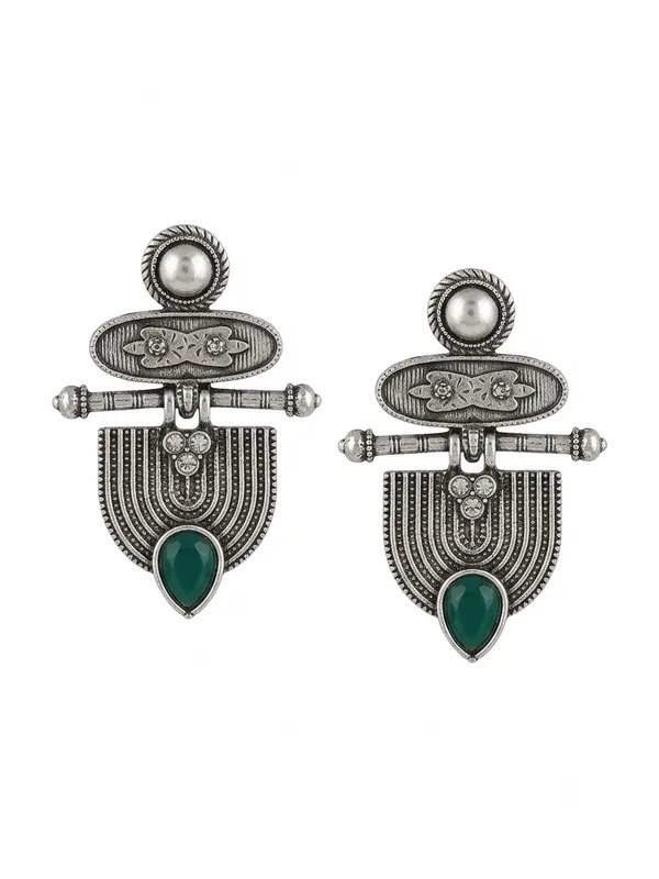 Silver_Tone_Oxidised_Green_Stone_Drop_Earrings