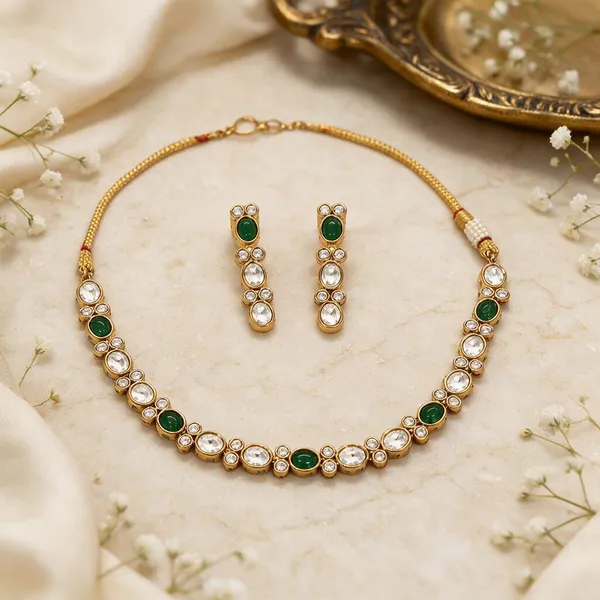 Gold_Tone_Green_Stone_Necklace_And_Earrings_Set