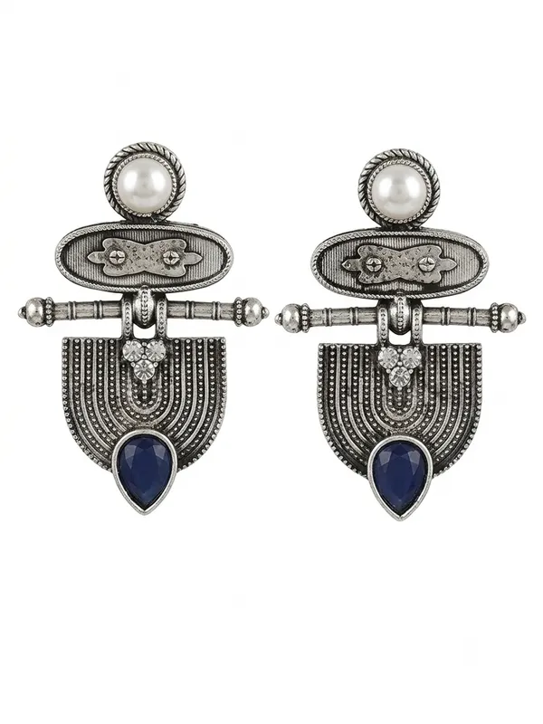 Oxidised_Silver_Tone_Blue_Stone_Pearl_Drop_Earrings