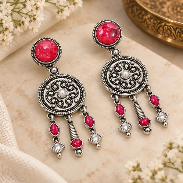 Silver-Tone_Red_Stone_Oxidized_Dangling_Earrings_for_Women
