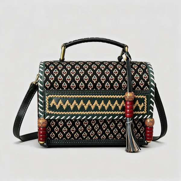 Black_Ajrakh_Silk_Leather_Geometric_Print_Sling_Bag_For_Women