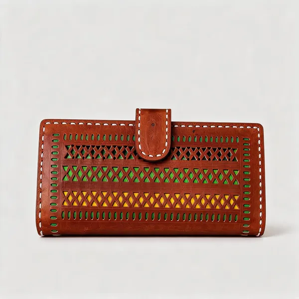 Brown_Genuine_Leather_Cutwork_Flap_Long_Wallet_For_Women