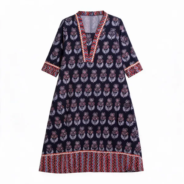 Navy_Blue_Cotton_Ajrakh_Print_A-Line_Kurti_For_Women