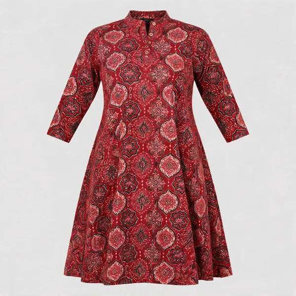 Maroon_Ajrakh_Cotton_Block_Print_A-Line_Kurti_For_Women