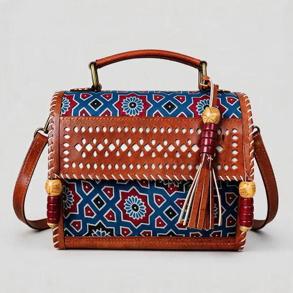 Blue_Ajrakh_Silk_Leather_Printed_Handbag_For_Women