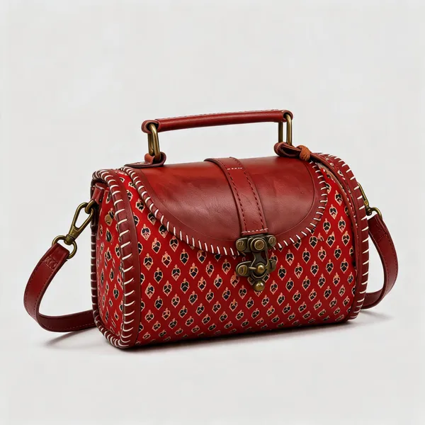 Brown_Ajrakh_Silk_Leather_Patterned_Sling_Bag_For_Women