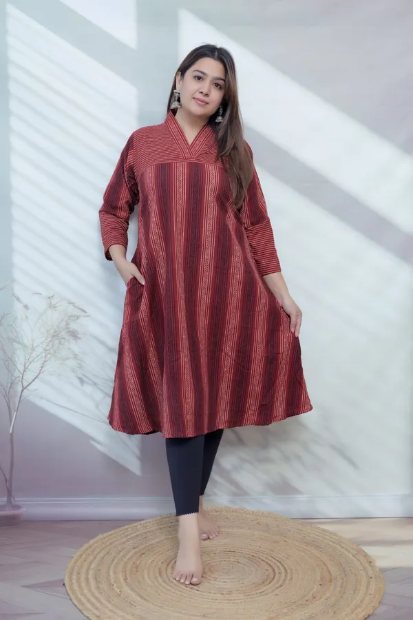 Bhagya_Maroon_Blockprint_Lining_A_line_Cotton_Kurta