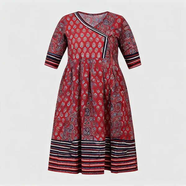 Maroon_Ajrakh_Cotton_Angarakha_A-Line_Kurti_For_Women
