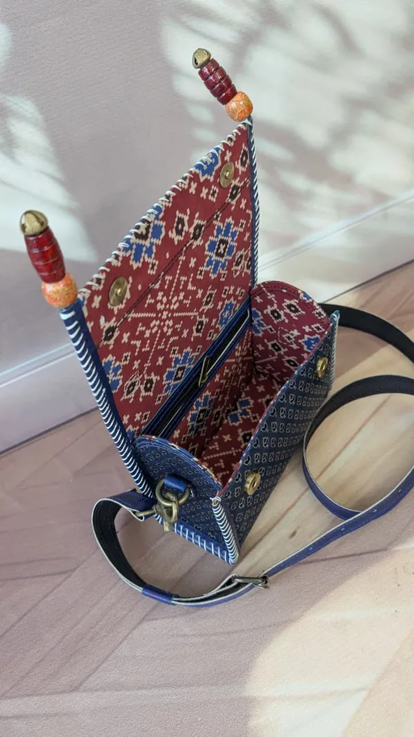 Blue_Ajrakh_Silk_Leather_Embroidered_Sling_Bag_For_Women