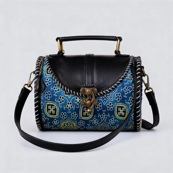 Blue_Ajrakh_Silk_Leather_Floral_Geometric_Sling_Bag_For_Women
