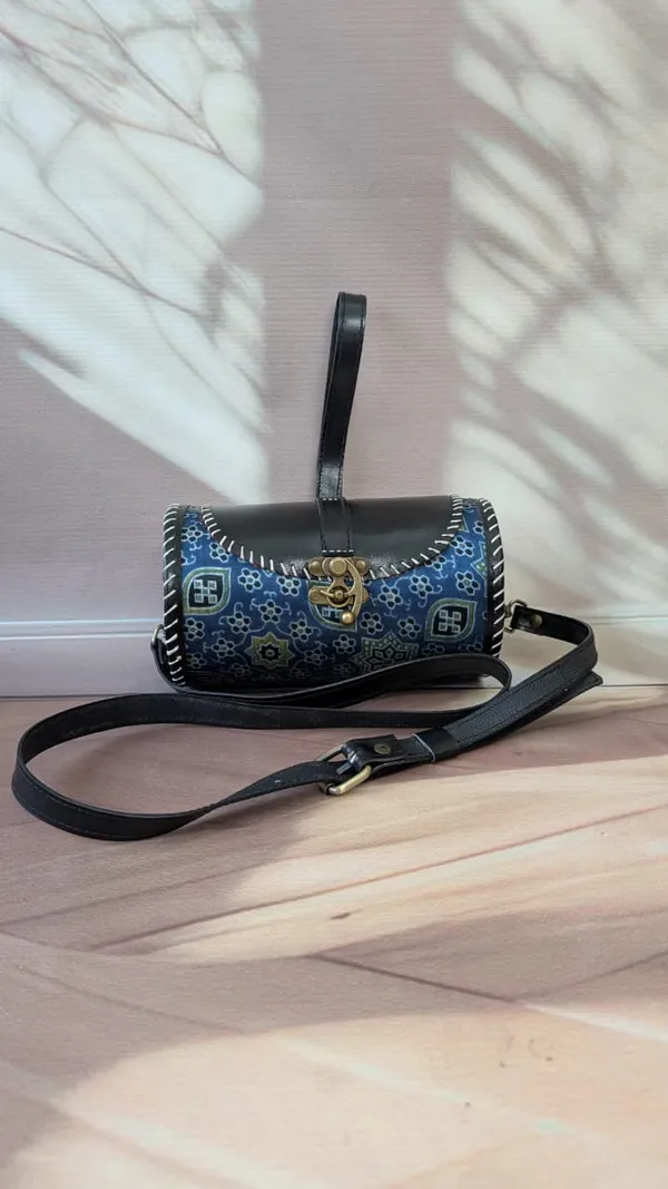 Blue_Ajrakh_Silk_Leather_Floral_Geometric_Sling_Bag_For_Women