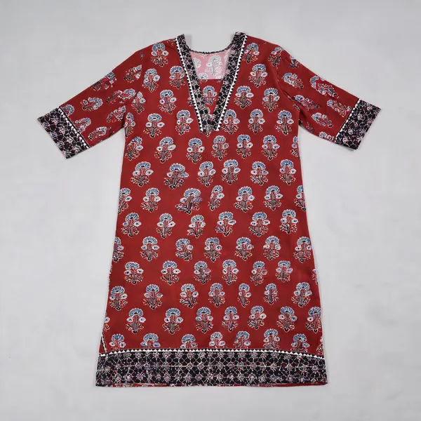Maroon_Cotton_Ajrakh_Floral_Print_Straight_Kurti_For_Women