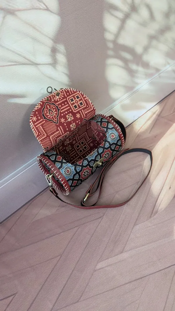 Brown_Ajrakh_Silk_Leather_Handcrafted_Tassel_Sling_Bag_For_Women