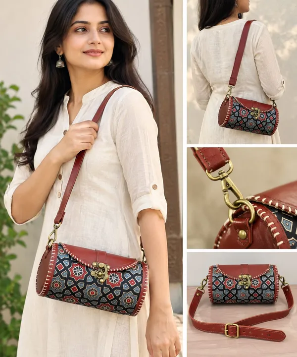 Brown_Ajrakh_Silk_Leather_Handcrafted_Tassel_Sling_Bag_For_Women