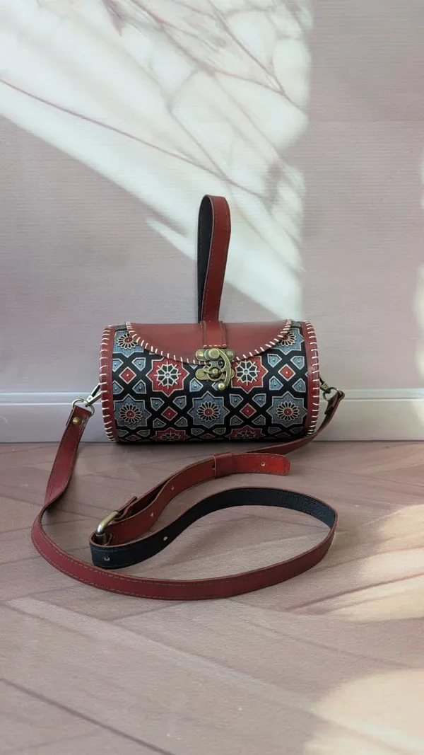Brown_Ajrakh_Silk_Leather_Handcrafted_Tassel_Sling_Bag_For_Women
