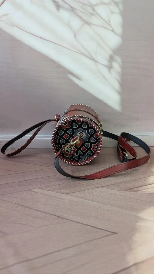 Brown_Ajrakh_Silk_Leather_Handcrafted_Tassel_Sling_Bag_For_Women