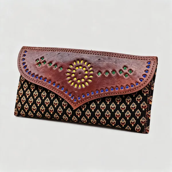 Brown_Ajrakh_Silk_Leather_Geometric_Flap_Clutch_Bag_For_Women