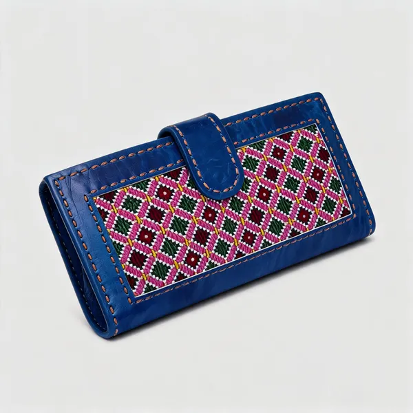 Blue_Genuine_Leather_Geometric_Embroidered_Flap_Wallet_For_Women