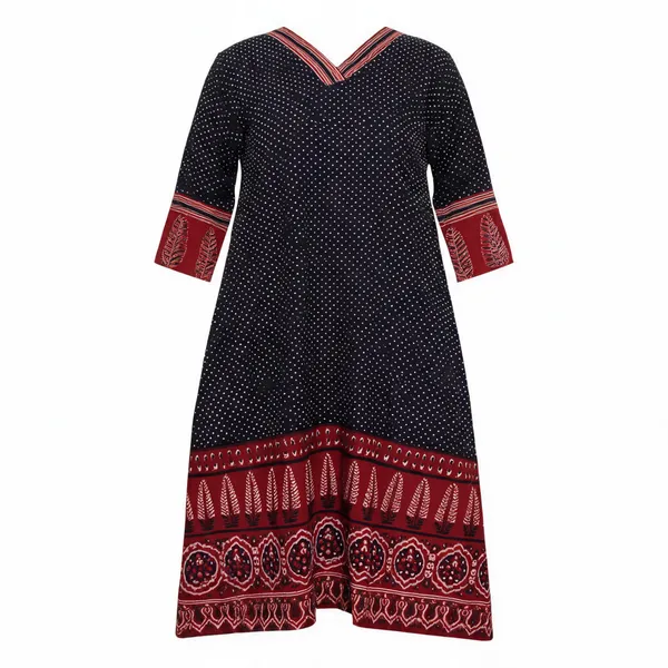 Black_Cotton_Block_Print_V-Neck_A-Line_Kurti_For_Women