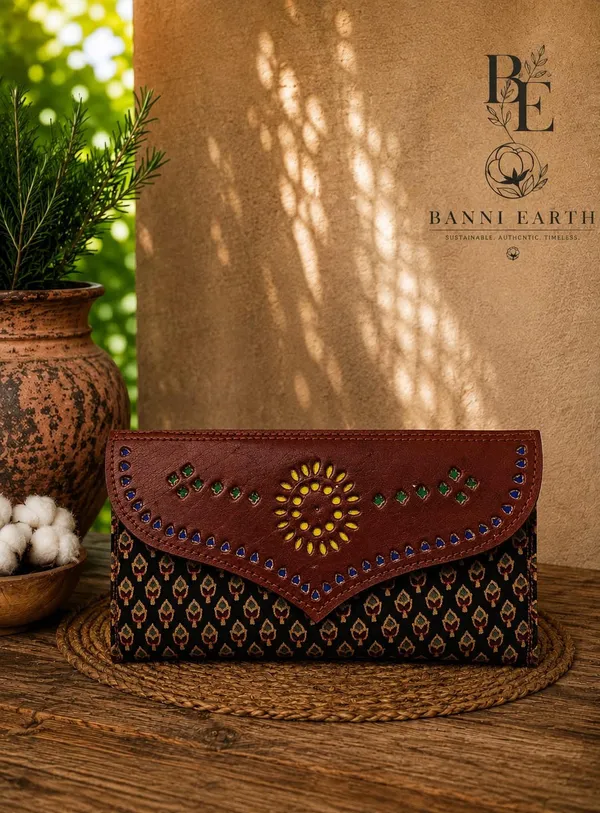 Brown_Ajrakh_Silk_Leather_Geometric_Flap_Clutch_Bag_For_Women