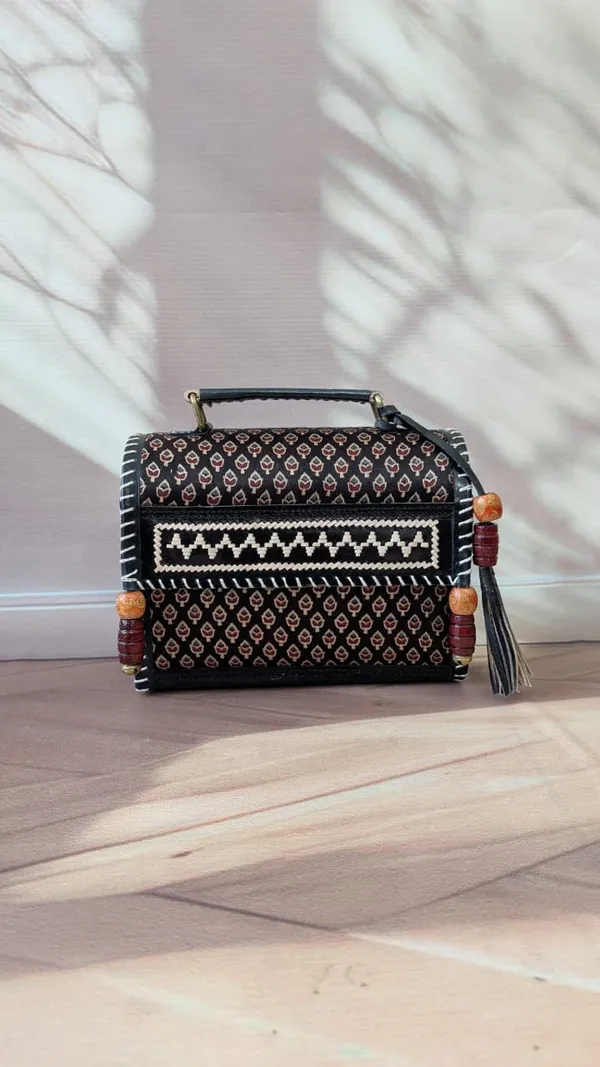 Black_Ajrakh_Silk_Leather_Geometric_Print_Sling_Bag_For_Women