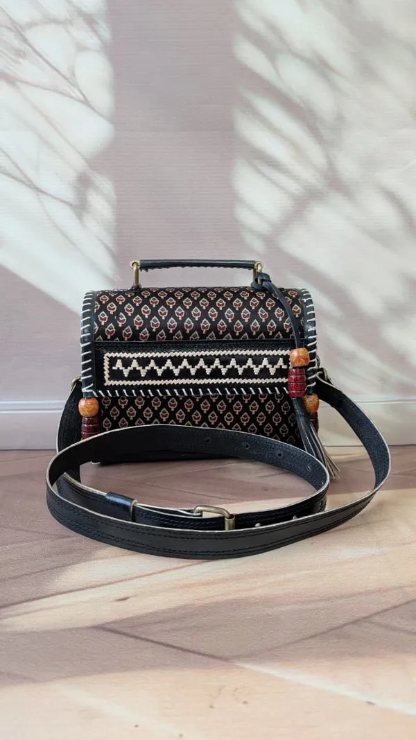 Black_Ajrakh_Silk_Leather_Geometric_Print_Sling_Bag_For_Women